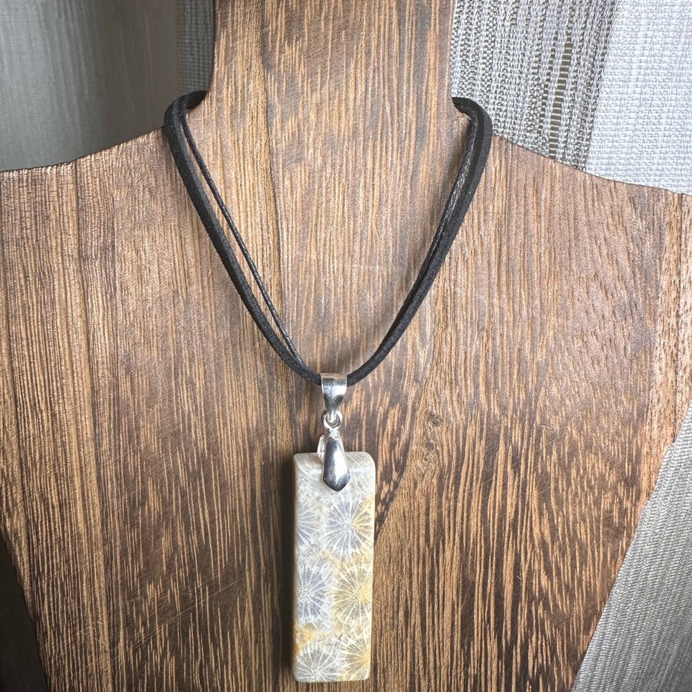 Coral Fossil Thin Rectangle Pendant Necklace on Black Rope - Picture 13 of 16